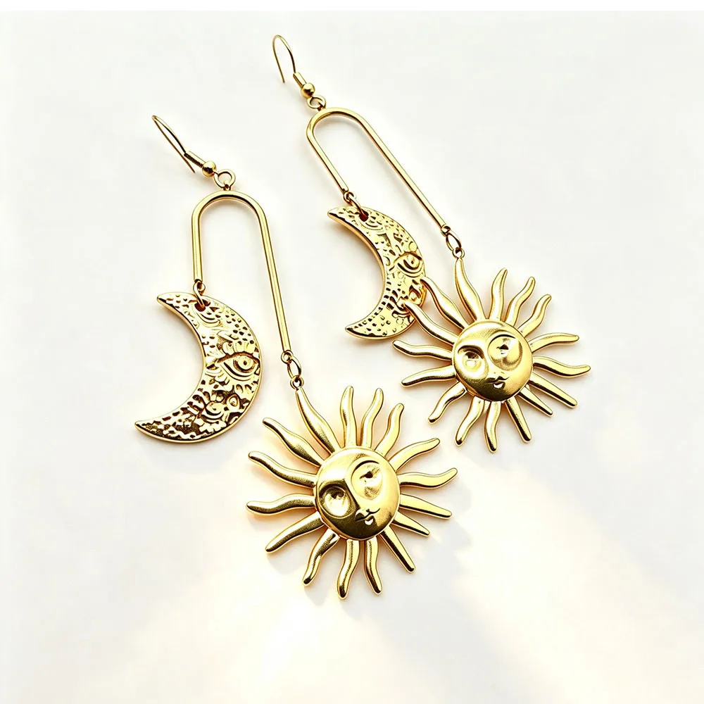 Retro Moon Tassel Drop Earrings for Women in 18K Real Gold Plated 304 Stainless Steel