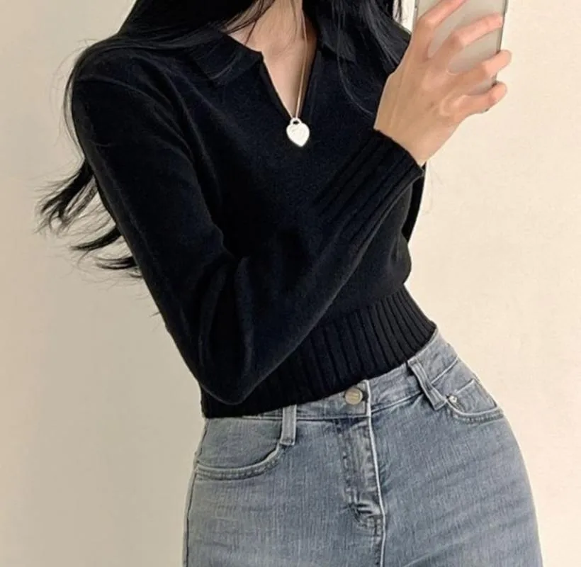 Women's Slim Fit Dark Grey Solid Long Sleeve Viscose Pullover Sweater with Shirt Collar for Business Commute