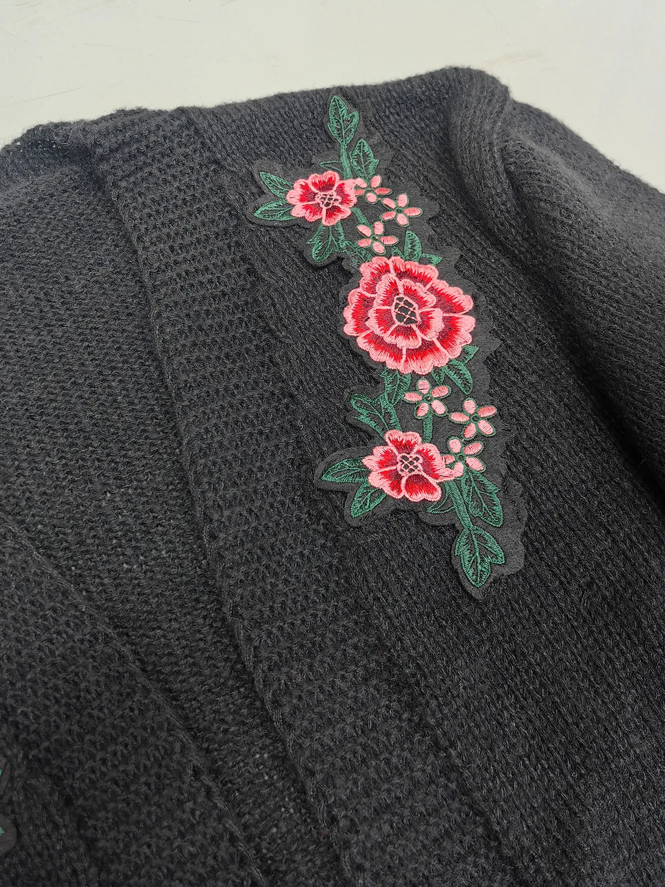 Vintage Style Rose Embroidery Sweater with Long Sleeve, Polyester Fabric, Featuring Placket Closure