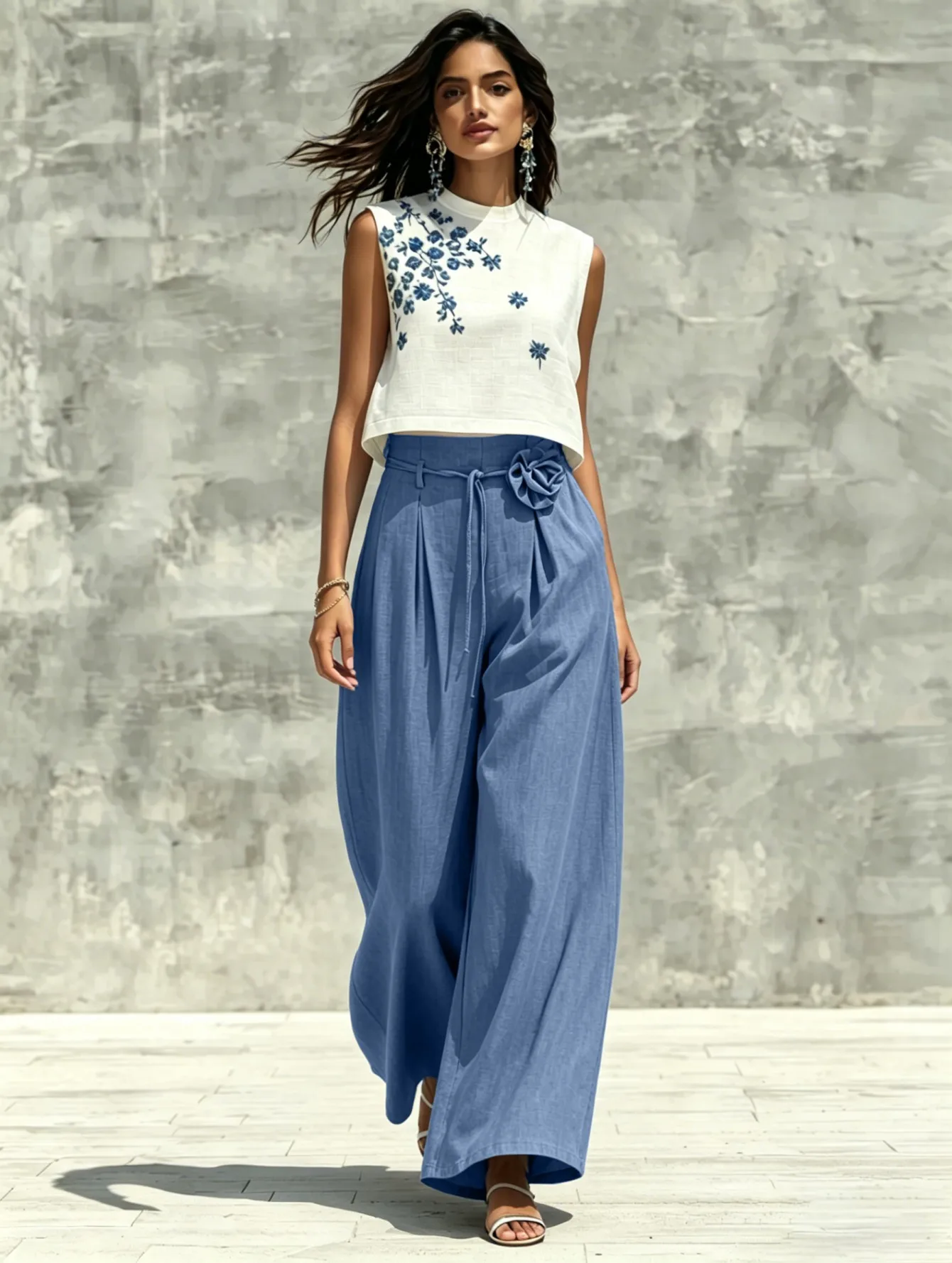 Vacation Wide Leg Pants with Floral Pattern, Full Length Holiday Casual Pants in Polyester Fabric Featuring Elegant Folds