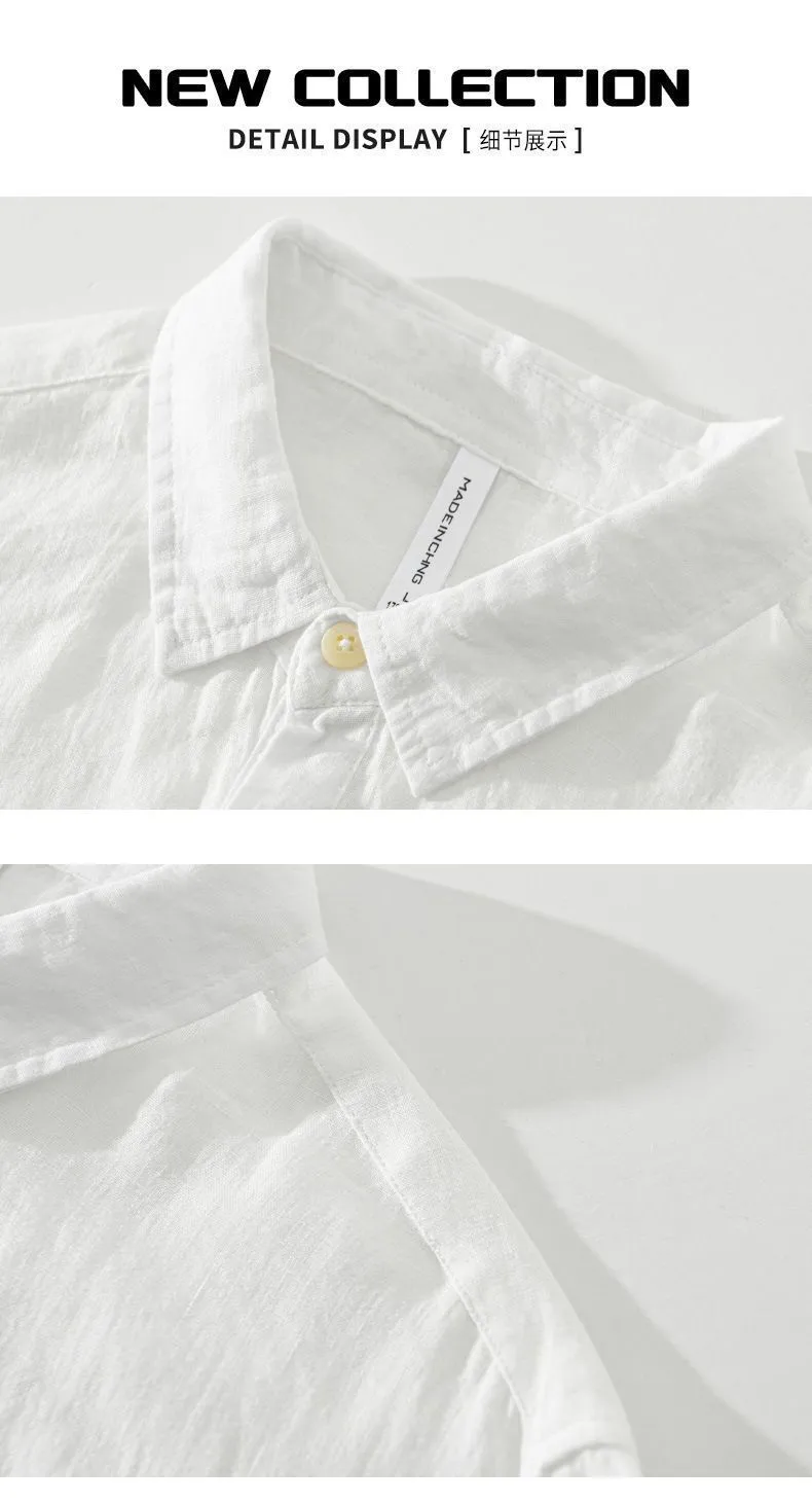 Men's Loose Long Sleeve Linen Shirt with Contrast Collar and Square Neck