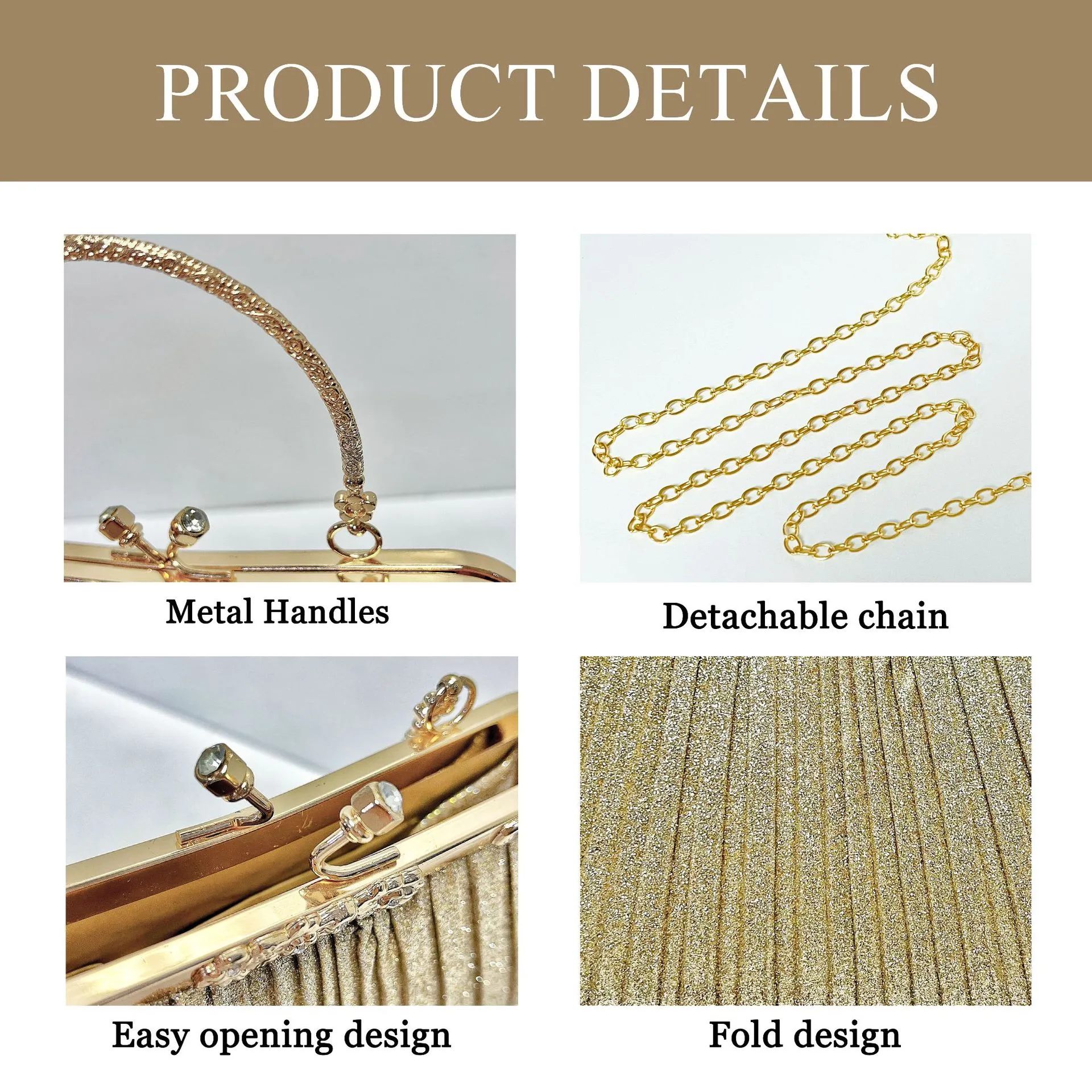 Square Ruched Polyester Evening Bag with Chain for Women