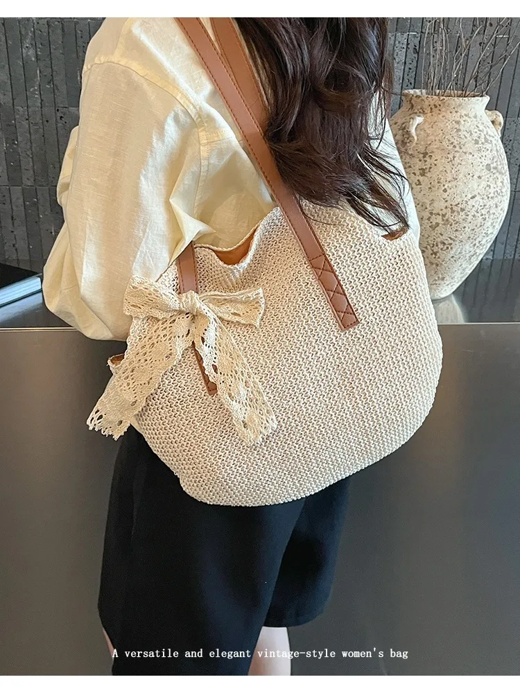 Solid Color Straw Bucket Bag for Women with Braid Detail, Perfect Summer Shoulder Bag