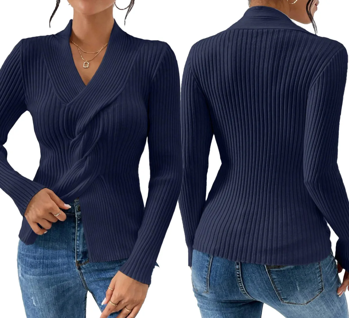 Elegant Solid Color Long Sleeve Knit Pullover for Women Featuring Rib-Knit Craftsmanship