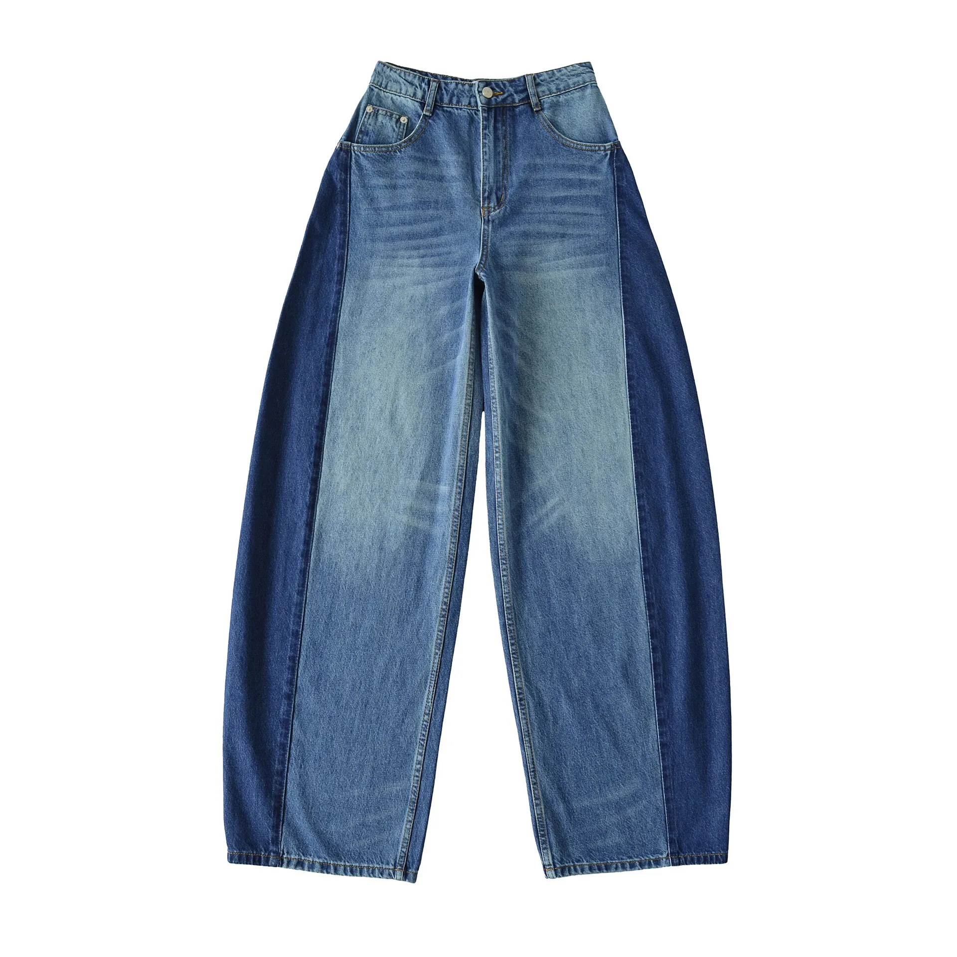 Color Block Full Length Jeans for Women in Denim Cotton Featuring Patchwork Design, Streetwear Style