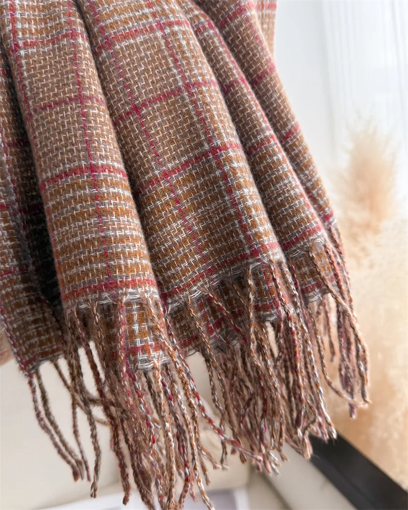 Unisex Plaid Shawl Scarf in Dark Coffee Polyester, Perfect for Autumn and Winter