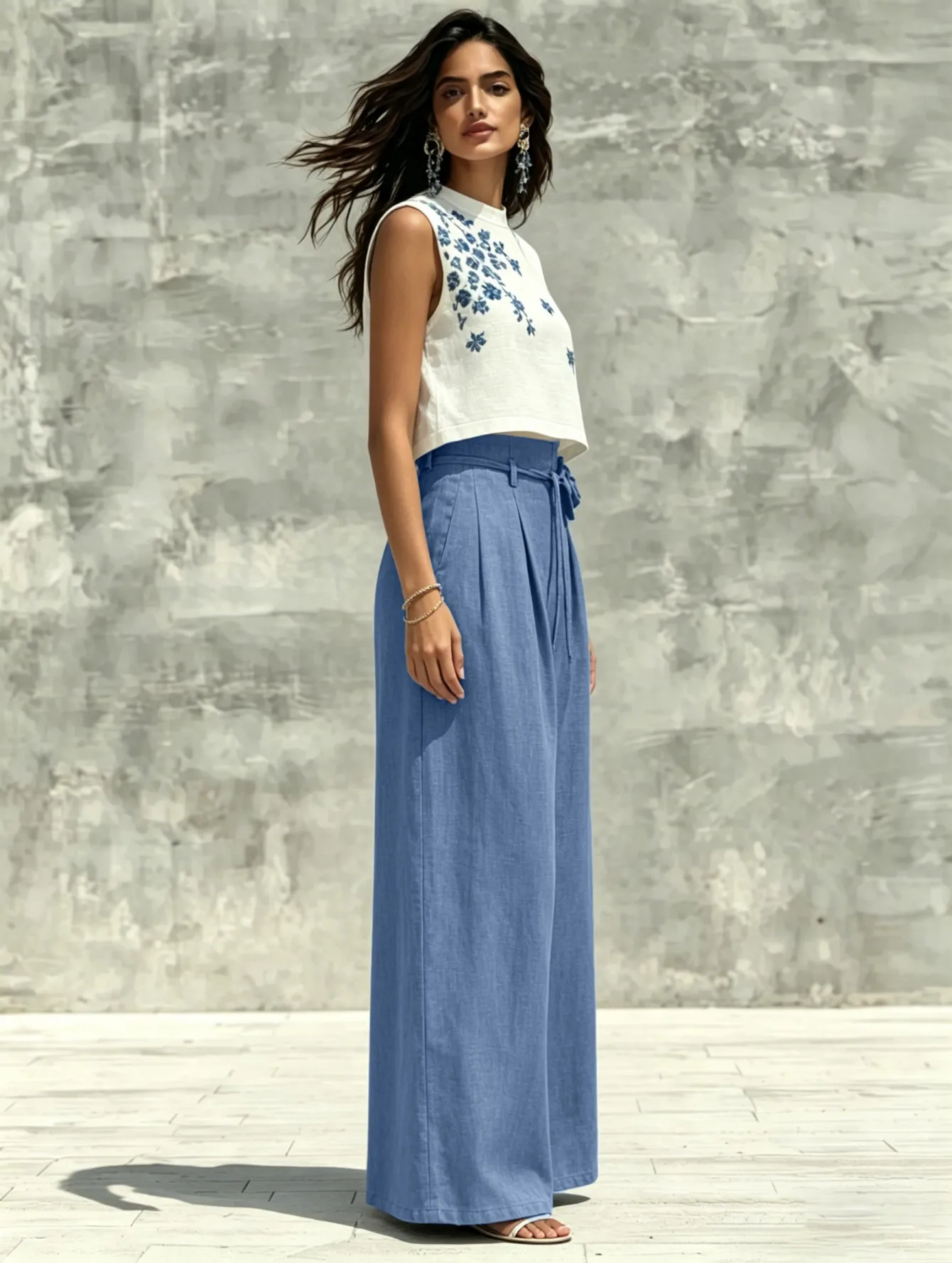 Vacation Wide Leg Pants with Floral Pattern, Full Length Holiday Casual Pants in Polyester Fabric Featuring Elegant Folds