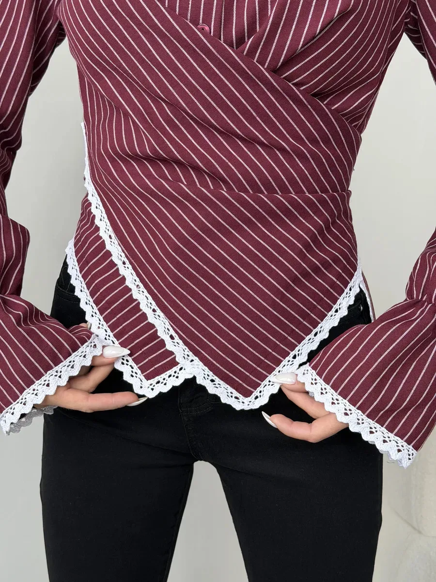 Stripe Long Sleeve Streetwear Cotton Shirt for Women Featuring Criss Cross Craft and Single Breasted Design