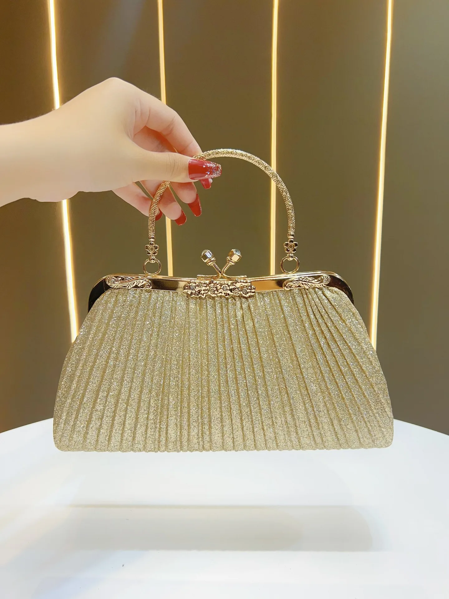 Square Ruched Polyester Evening Bag with Chain for Women