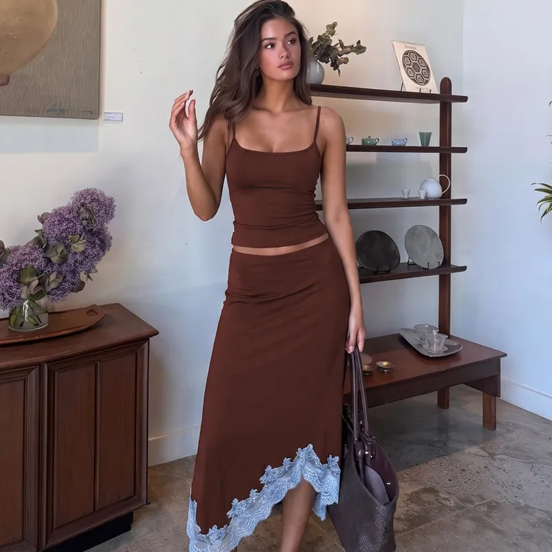 Streetwear Skirt Co-ord Set in Elastane Featuring Asymmetrical Design, Sleeveless 2 Pieces Set for Summer Street Style