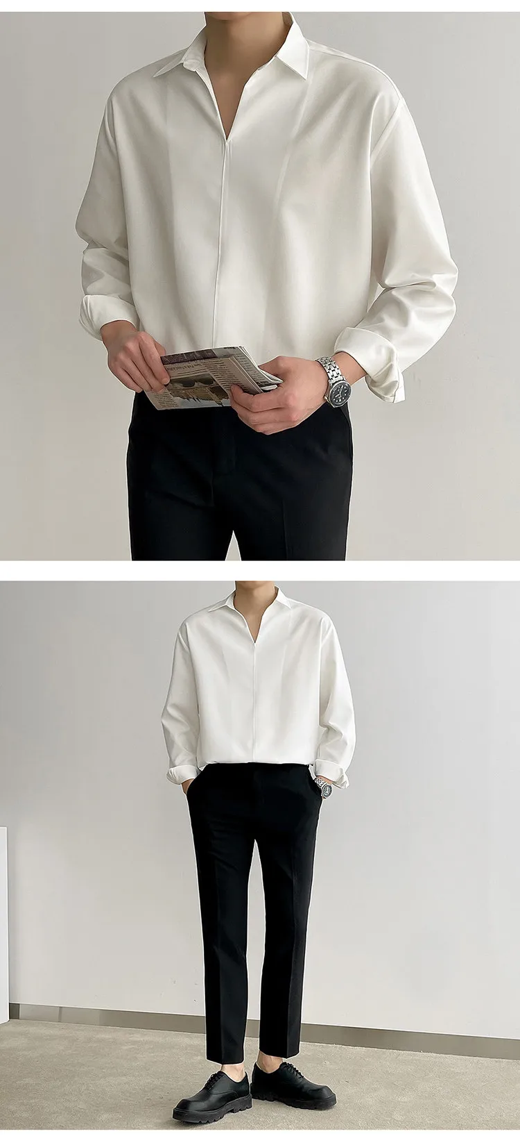 Solid Color Long Sleeve Men's Shirt in 4-Way Stretch Fabric with V Neck Pullover Design for Autumn