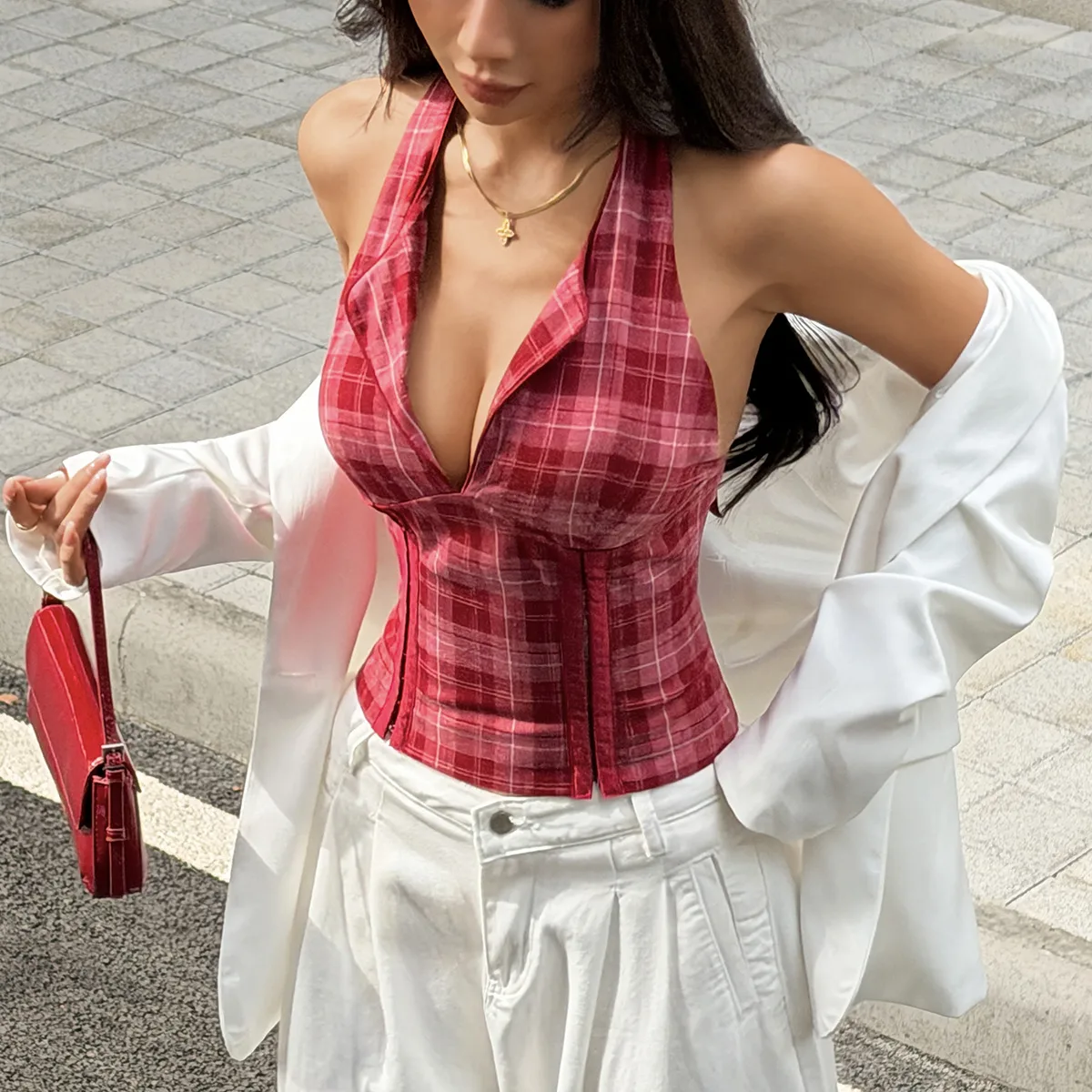 Vintage Style Plaid Polyester Tank Top with V Neck and Tie Closure featuring V-Opening Craftsmanship