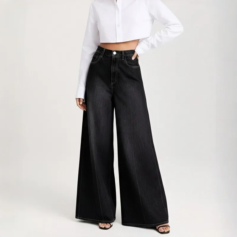 Streetwear Wide Leg Full Length Pants for Women in Loose Fit with High Waist, Made of Stretchy Denim Cotton