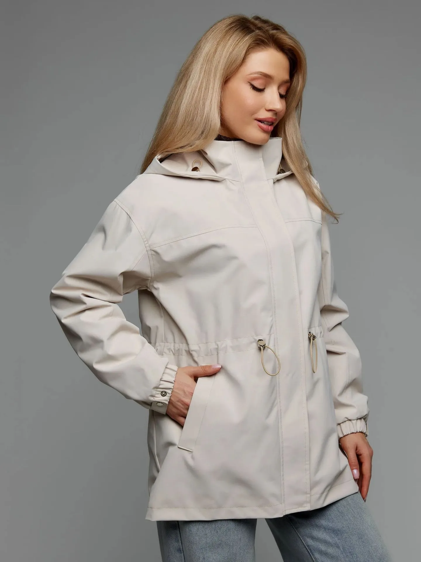 Casual Solid Color Outdoor Jacket for Women with Zipper Placket, Standing Collar, Polyester Fabric, and Drawstring Detail