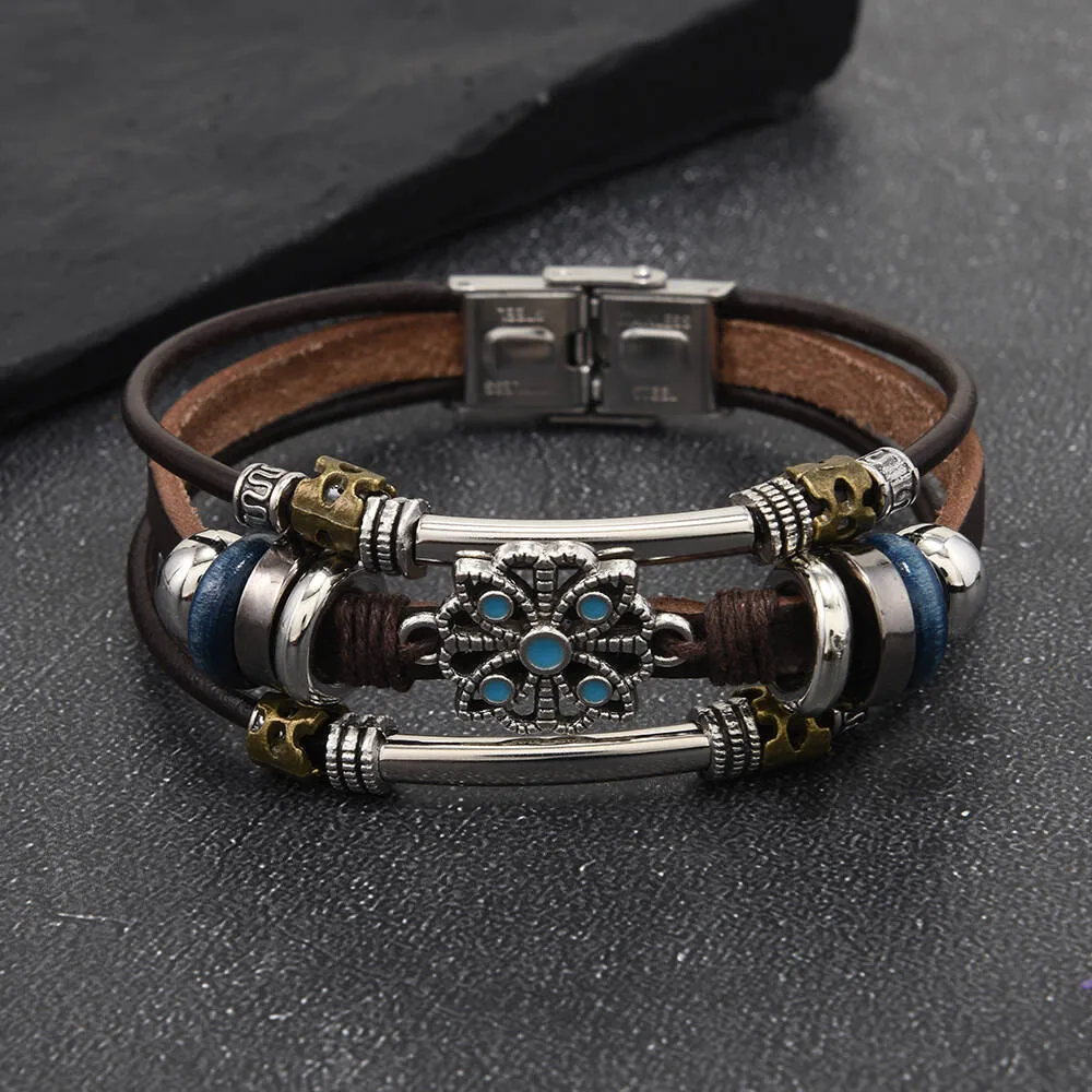 New Retro Ethnic Turquoise Lace Multi-layer Leather Stainless Steel Bracelet for Men and Women Couple Bracelet