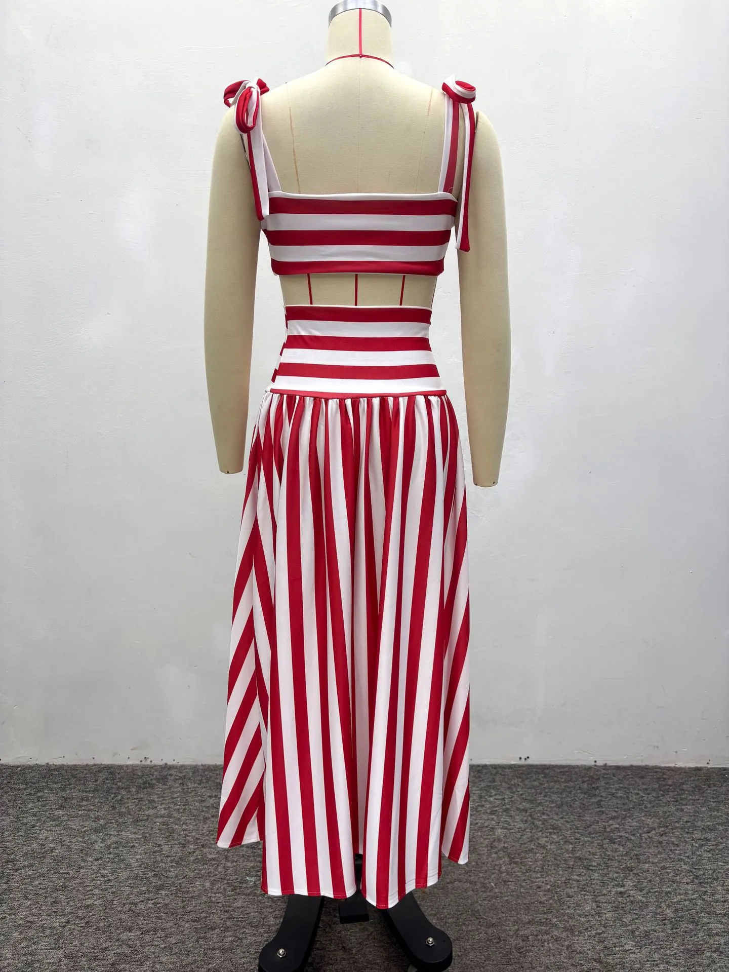 Stripe Sleeveless Skirt Co-ord Set in Polyester Featuring Printing with Tie Detail, 2 Pieces Set