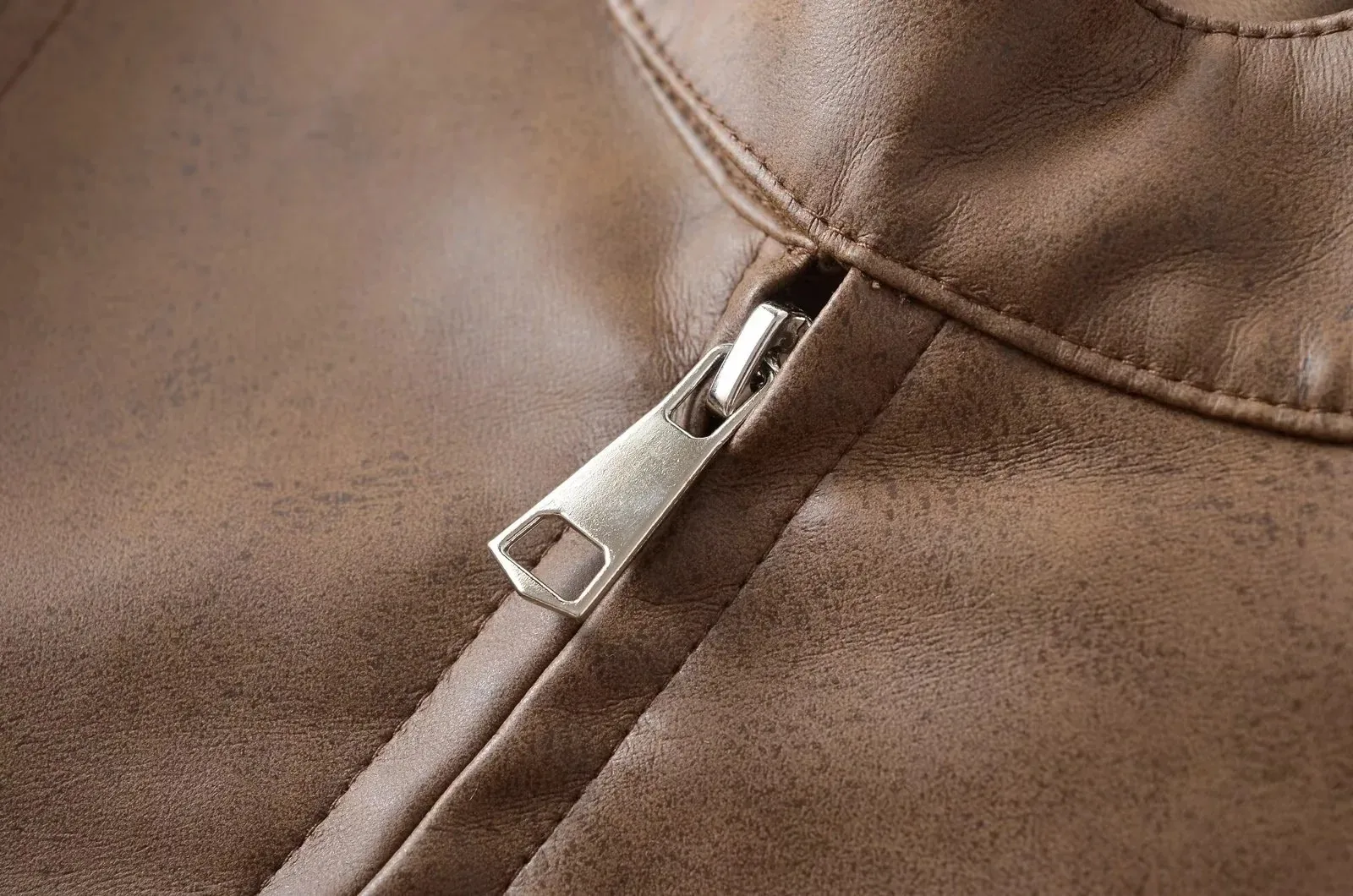 Streetwear Women's Leather Jacket with Zipper Placket and Standing Collar, Washed Polyester Fabric