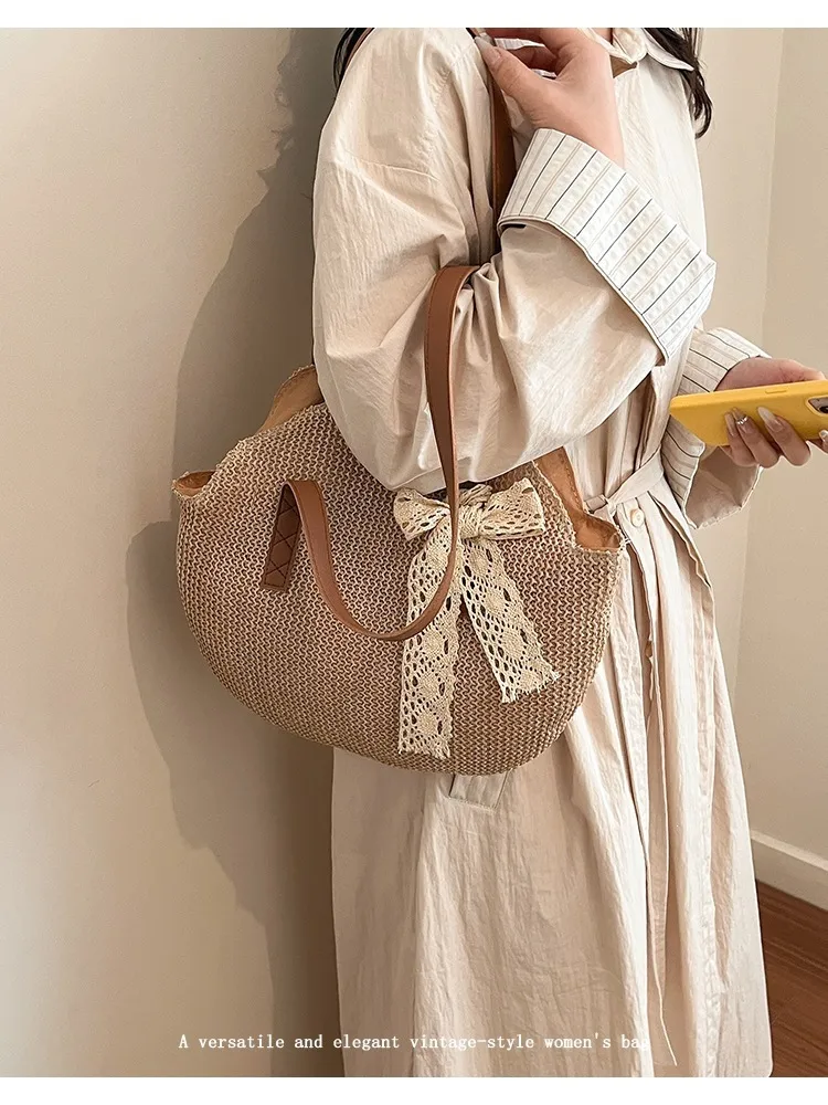 Solid Color Straw Bucket Bag for Women with Braid Detail, Perfect Summer Shoulder Bag
