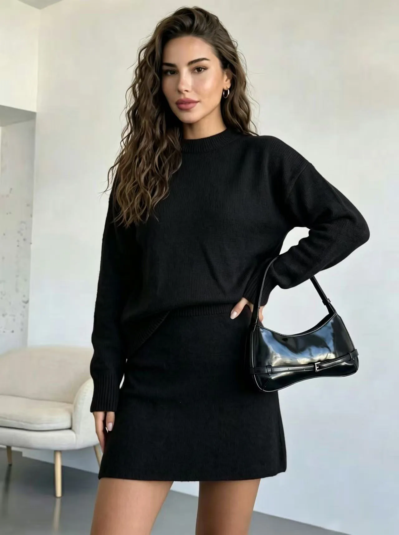 Elegant Solid Color Skirt Co-ord Set in Knitted Acrylic with Long Sleeve, 2 Pieces Set