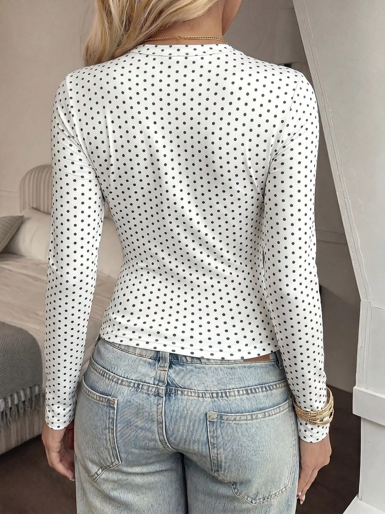 Vintage Style Polka Dots Long Sleeve Polyester T-shirt with Printing and Pullover Design for Women