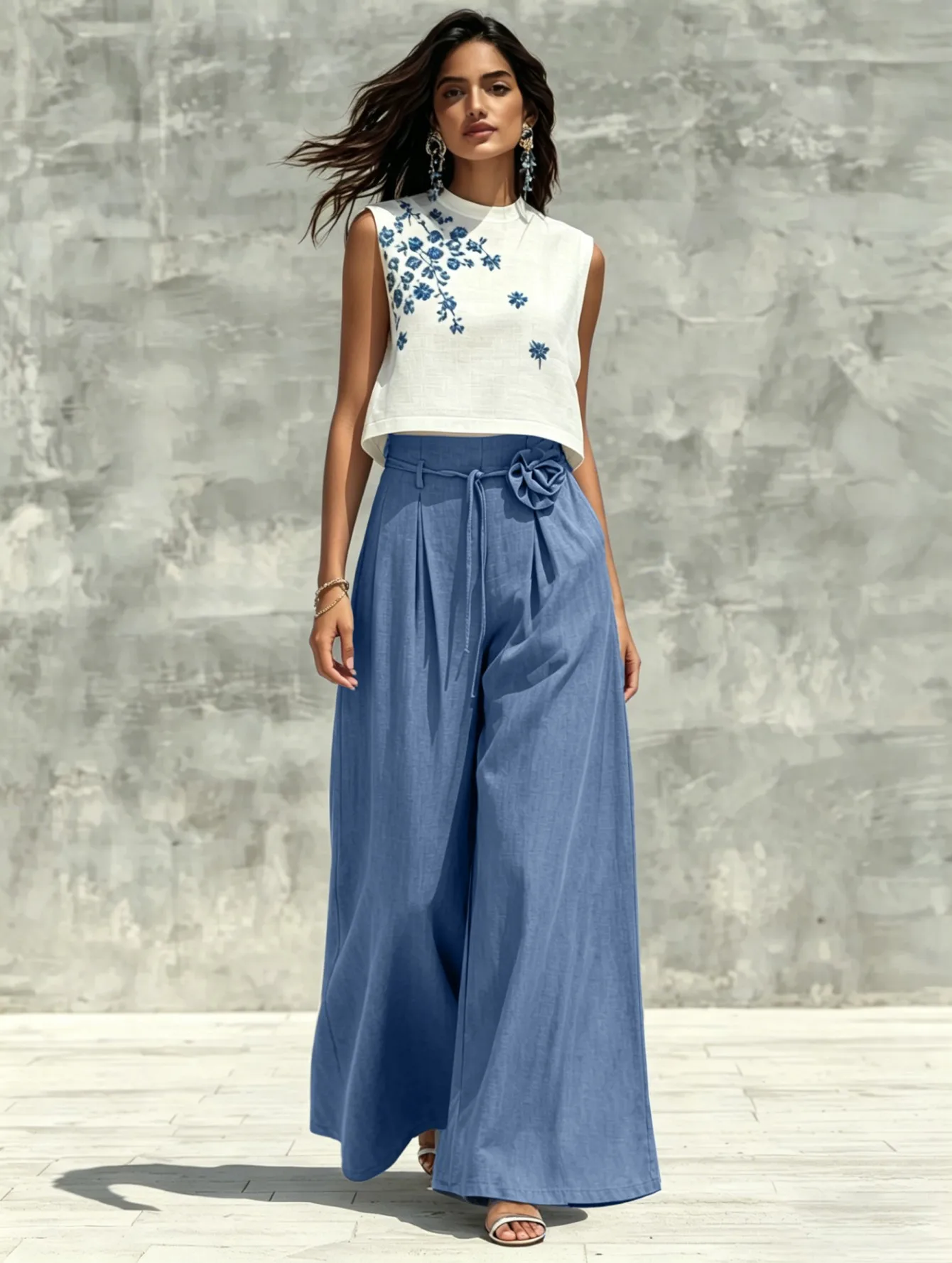 Vacation Wide Leg Pants with Floral Pattern, Full Length Holiday Casual Pants in Polyester Fabric Featuring Elegant Folds