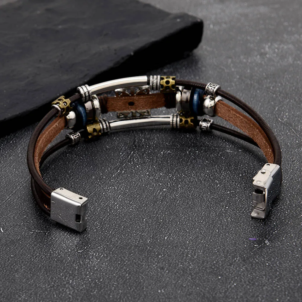 New Retro Ethnic Turquoise Lace Multi-layer Leather Stainless Steel Bracelet for Men and Women Couple Bracelet