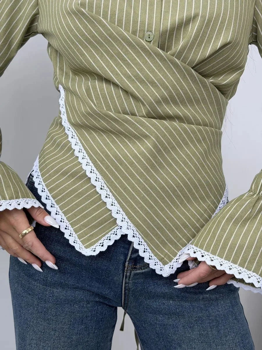 Stripe Long Sleeve Streetwear Cotton Shirt for Women Featuring Criss Cross Craft and Single Breasted Design