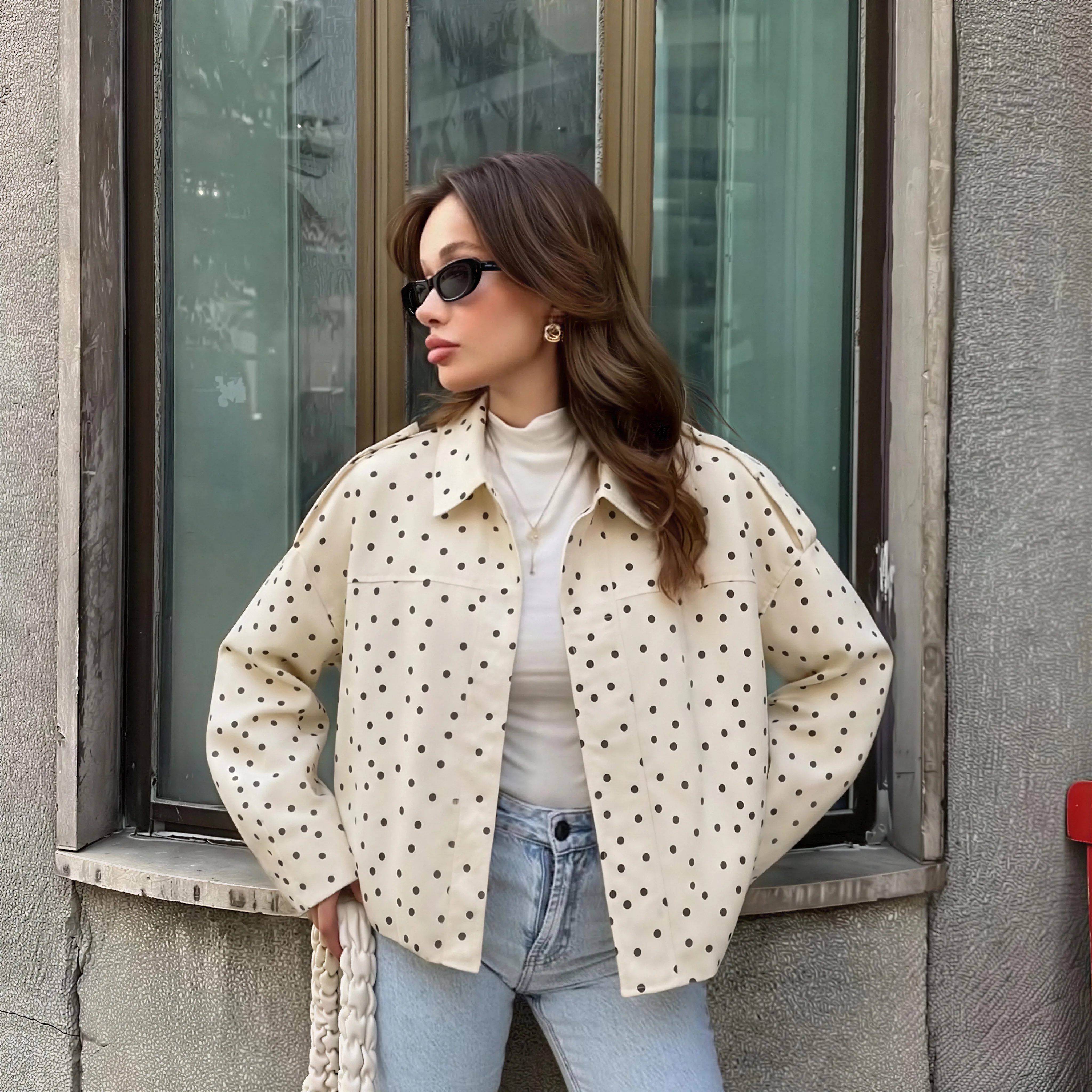 Streetwear Polka Dots Casual Jacket for Women with Zipper Placket in Polyester Fabric Featuring Lapel Collar