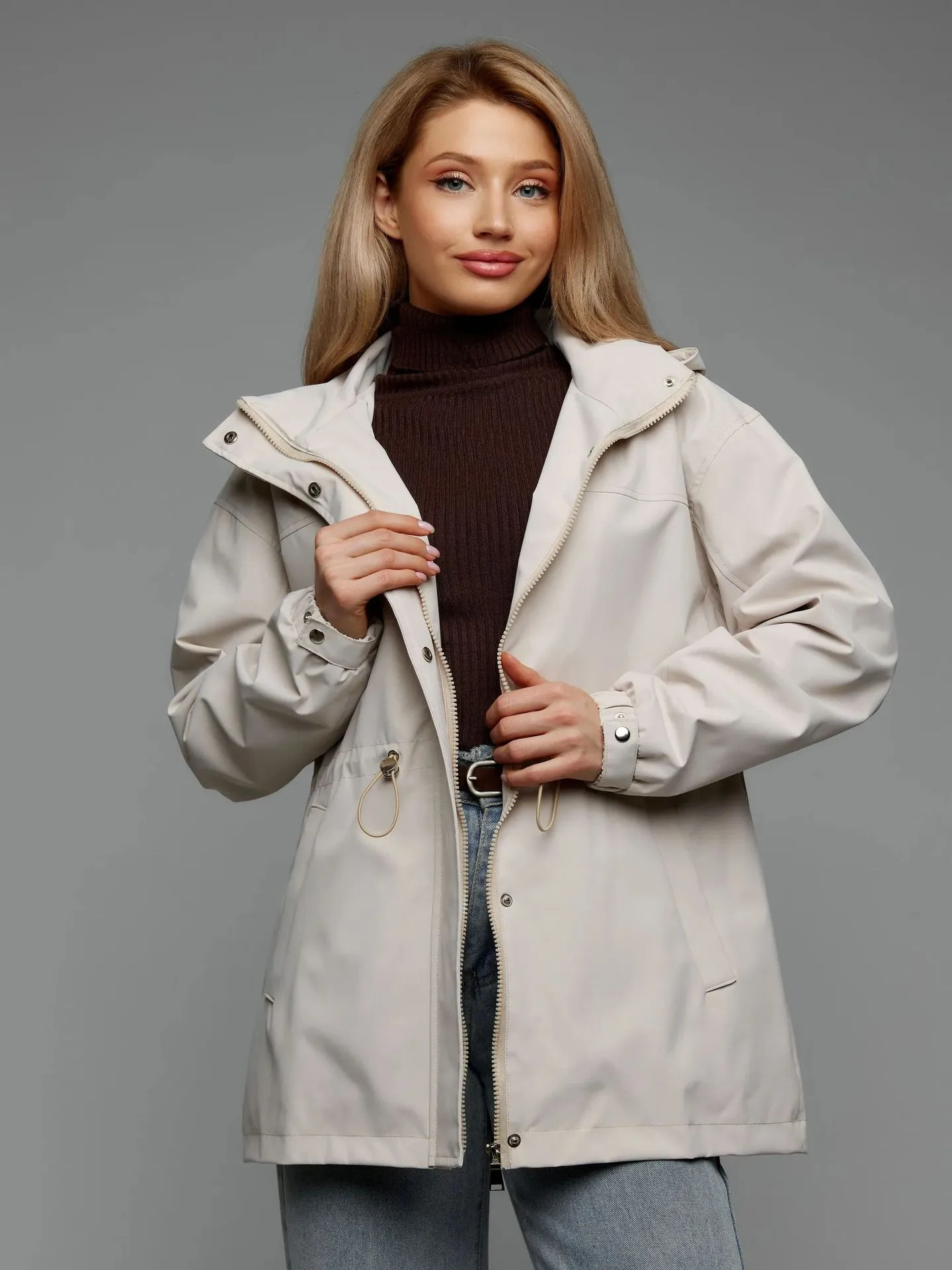Casual Solid Color Outdoor Jacket for Women with Zipper Placket, Standing Collar, Polyester Fabric, and Drawstring Detail