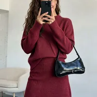 Elegant Solid Color Skirt Co-ord Set in Knitted Acrylic with Long Sleeve, 2 Pieces Set