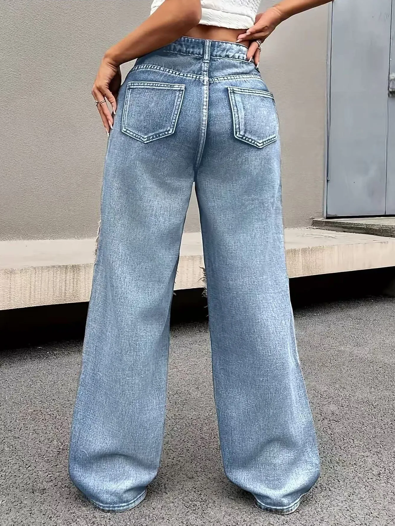Vintage Style Wide Leg Full Length Pants for Women in Denim Cotton Fabric with Washed Craft, Micro-Elastic, Spring and Summer