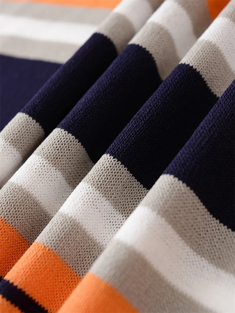 British Style Stripe Pullover Knitwear for Women in Polyester Fabric Featuring Patchwork Design with Round Neck