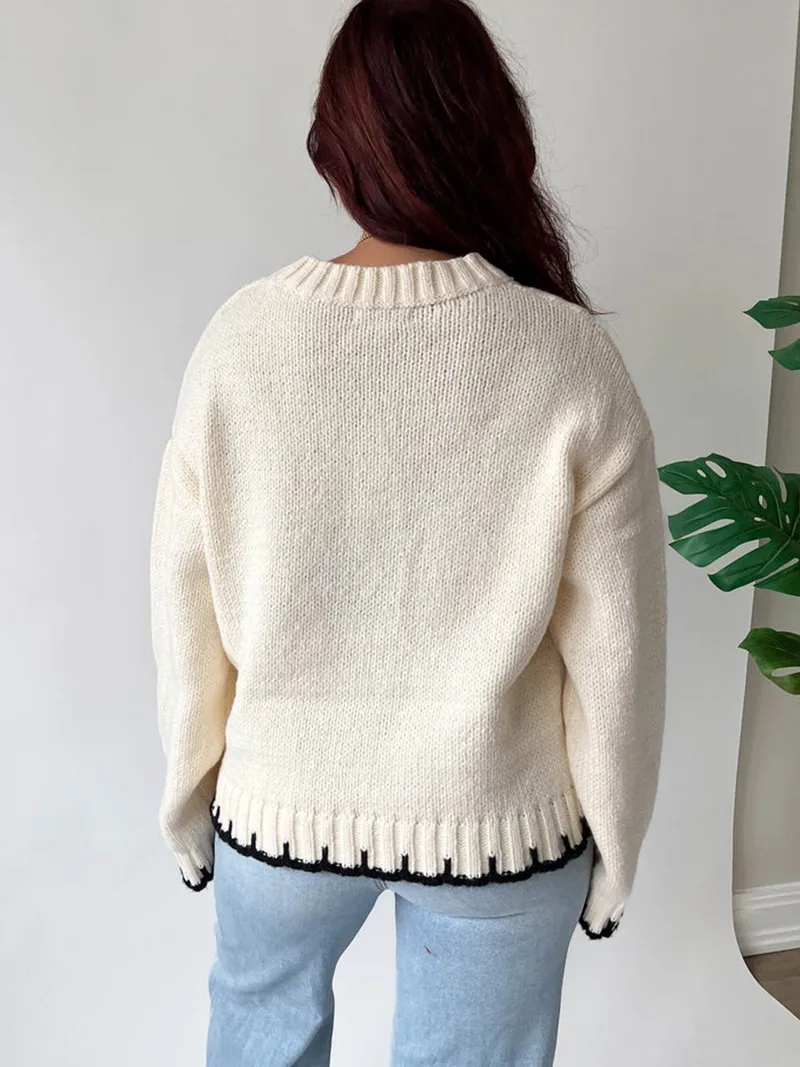 Striped Crochet Lace Long Sleeve Loose Pullover Sweater for Women