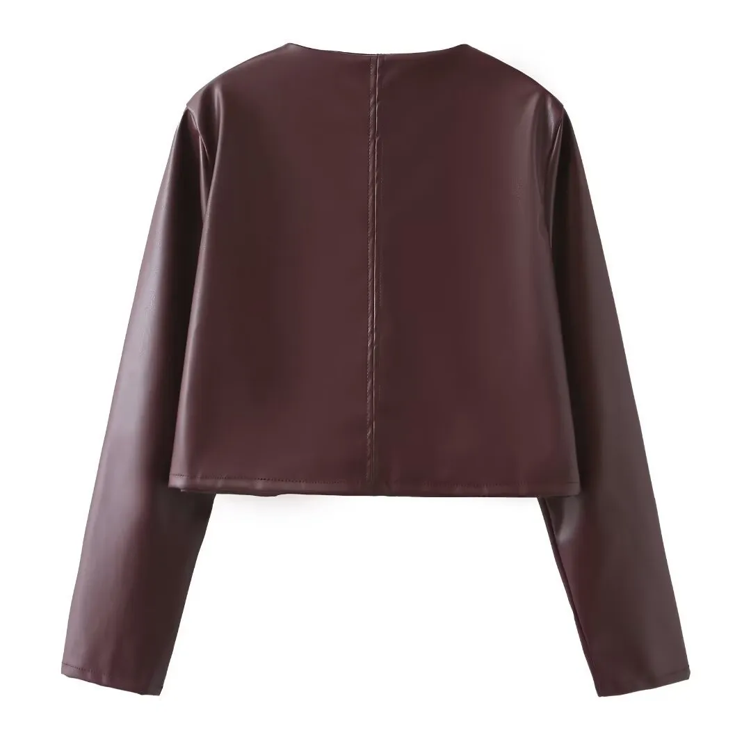 3D Print Streetwear Single Breasted Leather Jacket for Women in PU Fabric with Round Neck Design