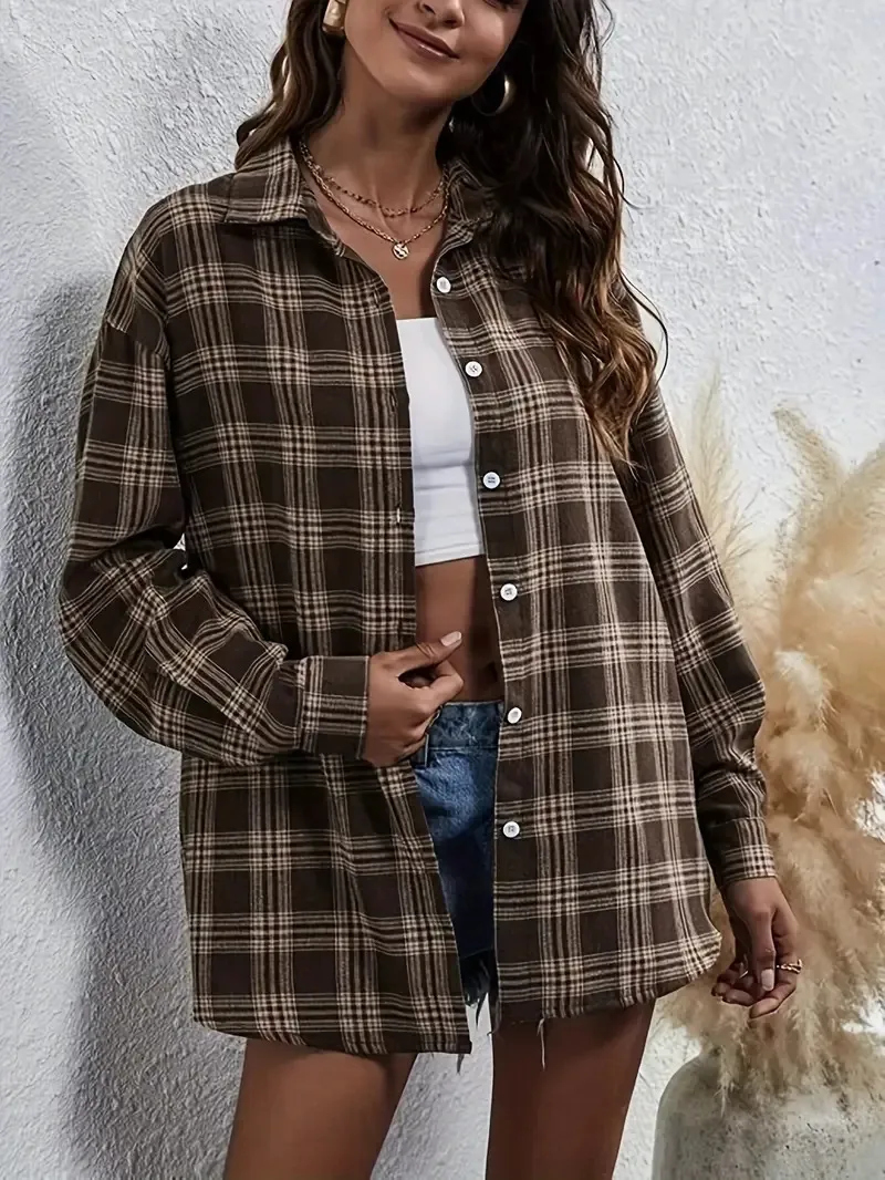 Plaid Casual Long Sleeve Polyester Shirt for Women with Single Breasted Front and Lapel Collar