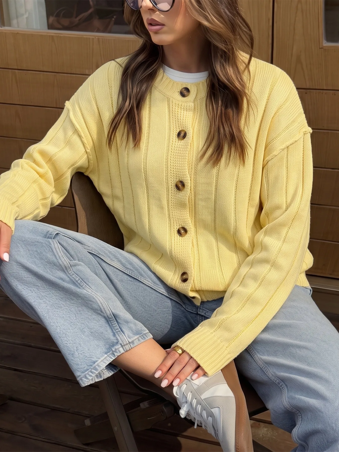 Solid Color Casual Acrylic Sweater with Long Sleeve Featuring Knitted Craft and Placket Design