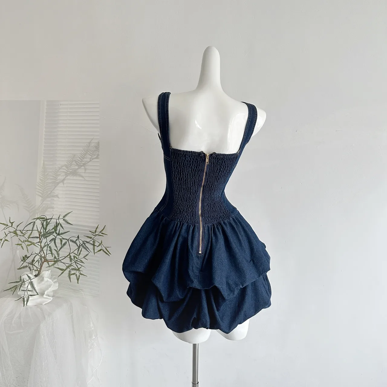 Solid Color Denim Dress Sleeveless Collarless Casual Above Knee Length