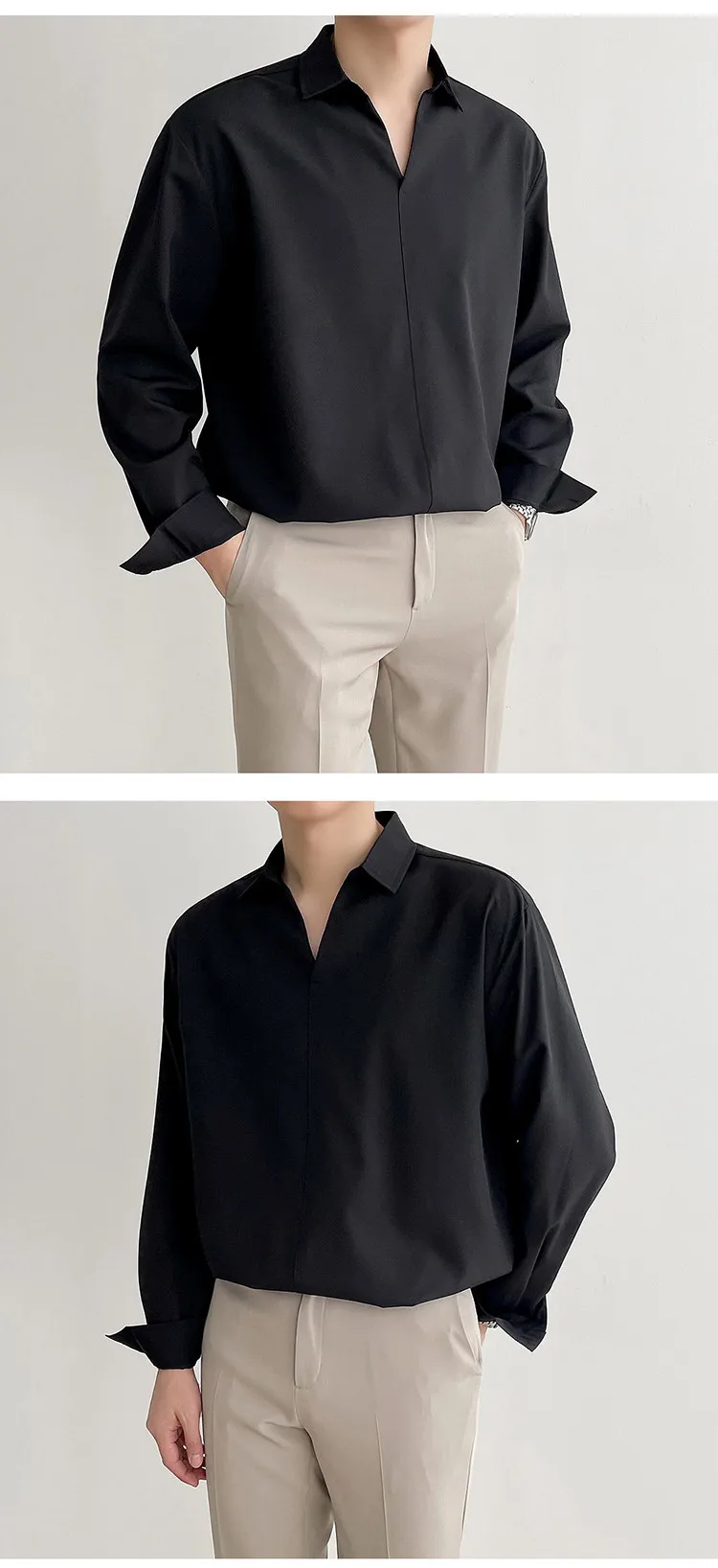 Solid Color Long Sleeve Men's Shirt in 4-Way Stretch Fabric with V Neck Pullover Design for Autumn