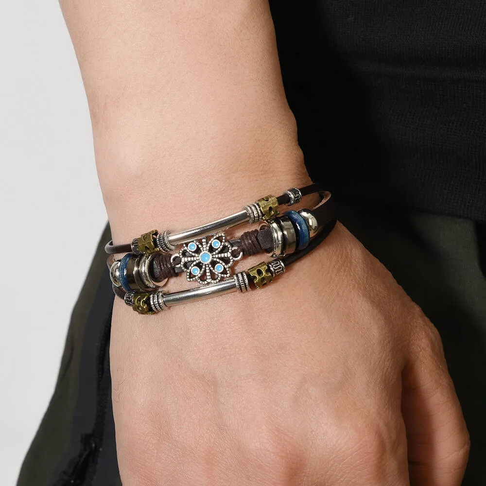 New Retro Ethnic Turquoise Lace Multi-layer Leather Stainless Steel Bracelet for Men and Women Couple Bracelet