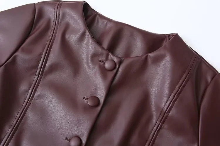 3D Print Streetwear Single Breasted Leather Jacket for Women in PU Fabric with Round Neck Design