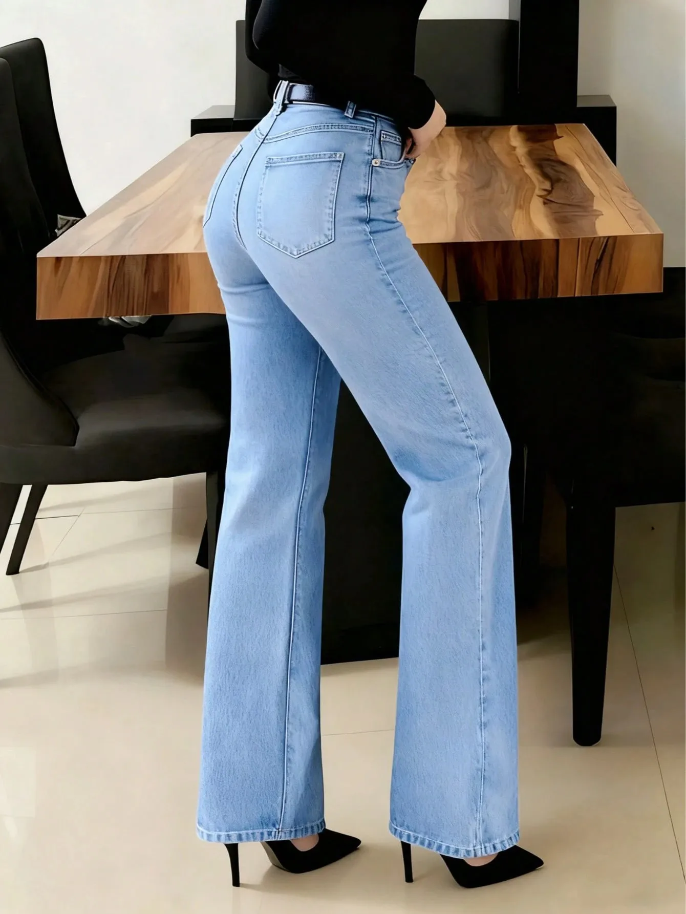 Solid Color Full Length Jeans for Office in Denim Cotton Fabric with Washed Craft and Micro-Elastic Stretch