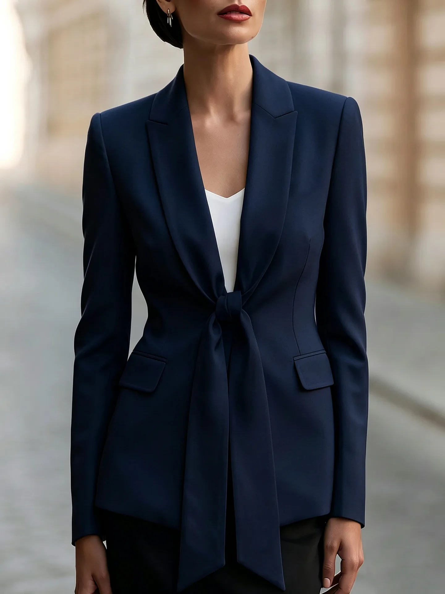 Solid Color Business Long Sleeve Polyester Blazer Featuring Tie Detail