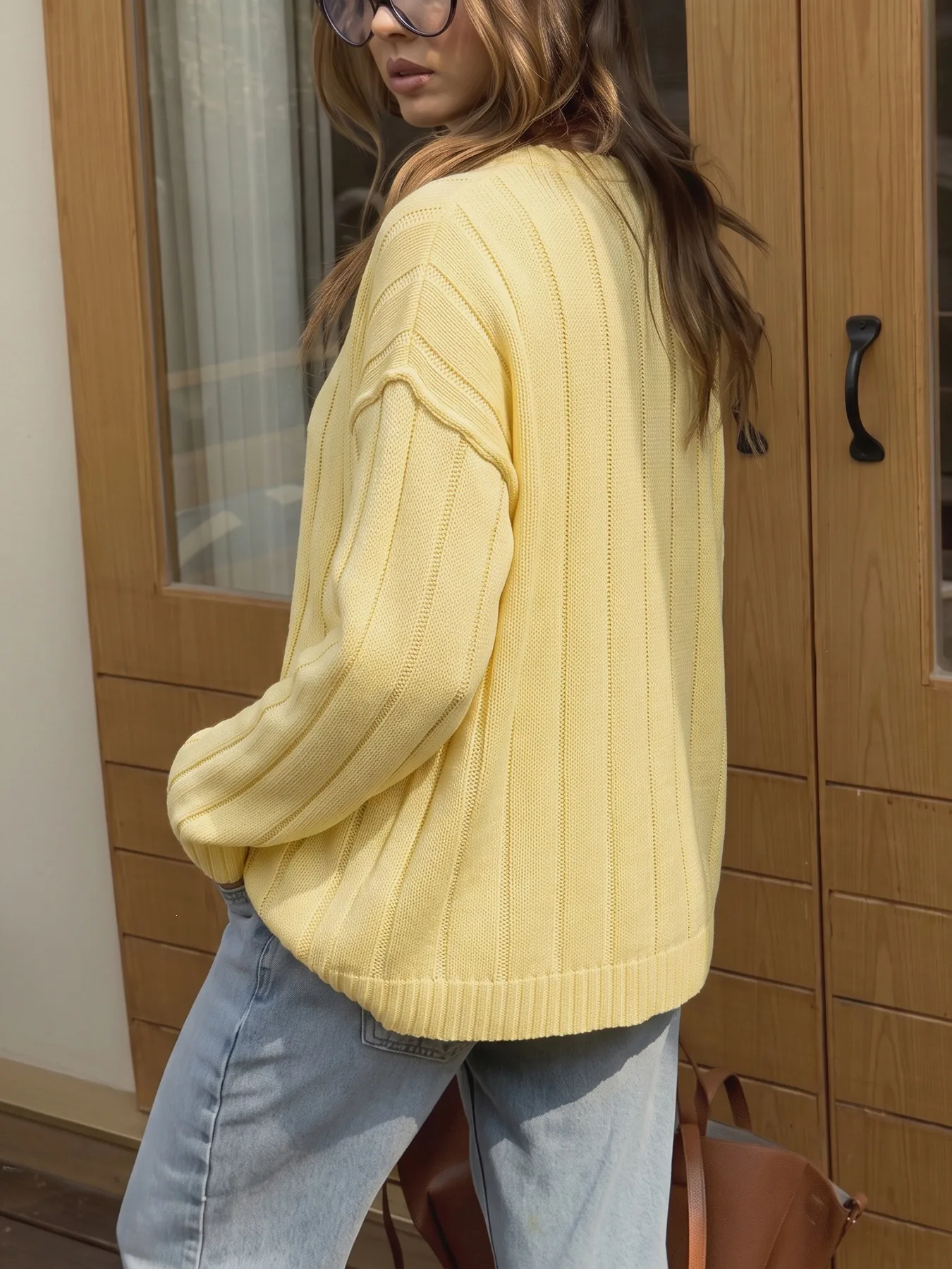 Solid Color Casual Acrylic Sweater with Long Sleeve Featuring Knitted Craft and Placket Design