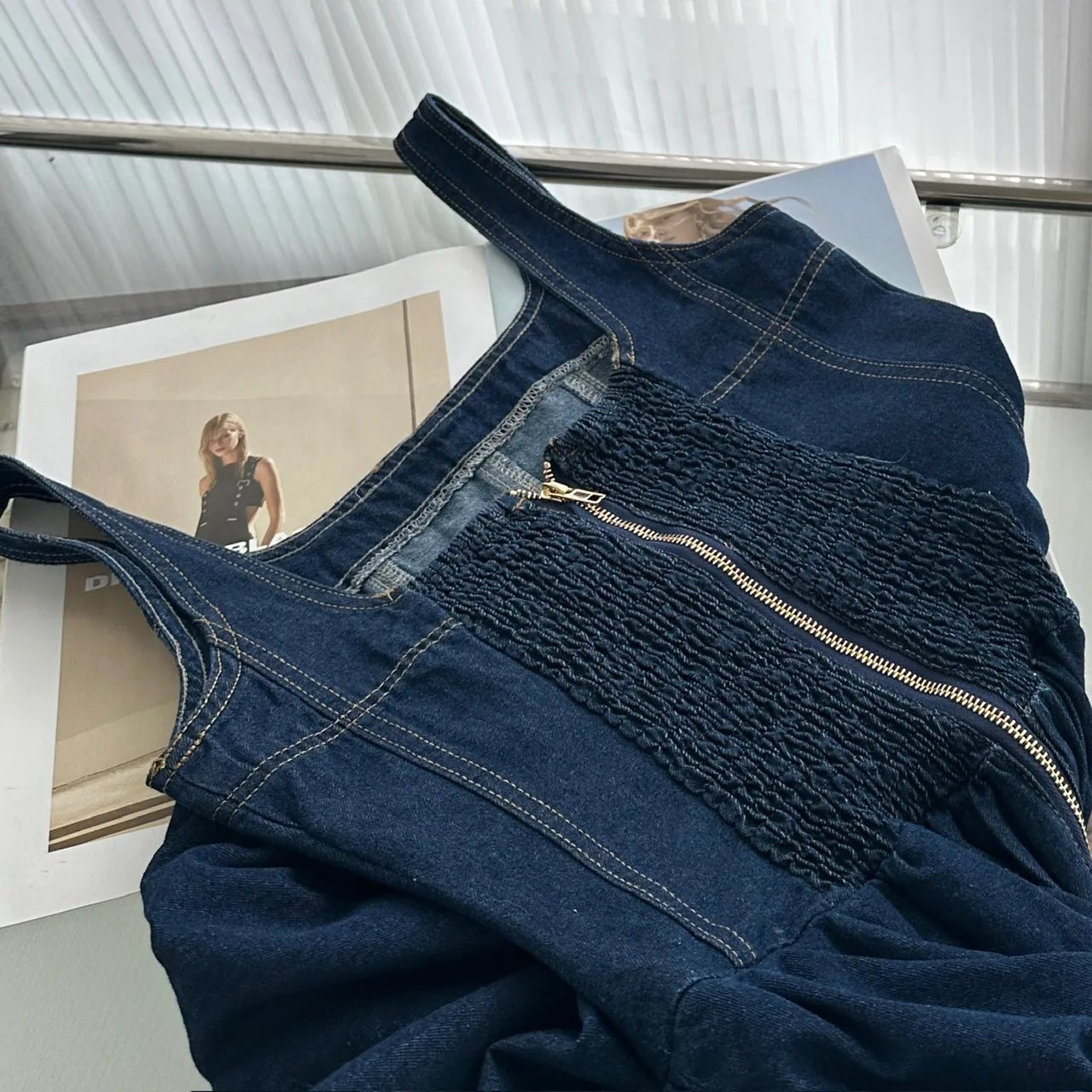 Solid Color Denim Dress Sleeveless Collarless Casual Above Knee Length