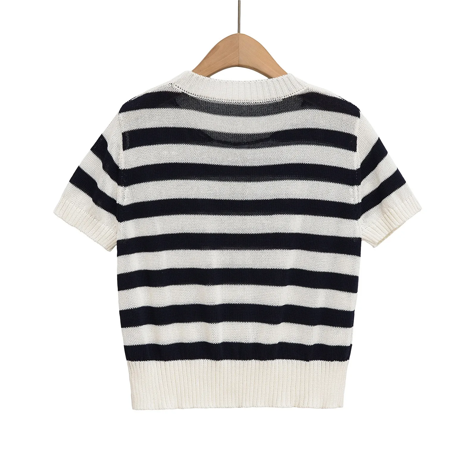 Vintage Style Stripe Short Sleeve Polyester T-shirt for Women with Splicing Craft and Pullover Design