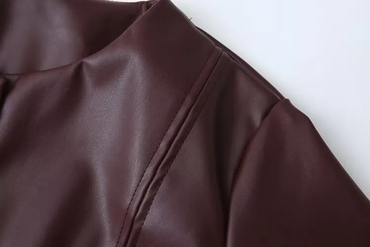 3D Print Streetwear Single Breasted Leather Jacket for Women in PU Fabric with Round Neck Design