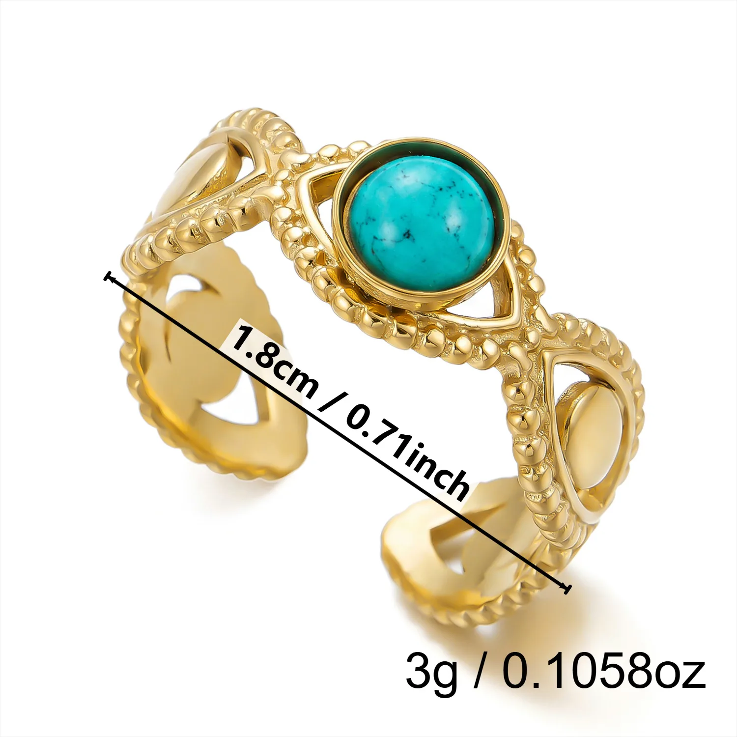 Asymmetrical Sunflower Open Ring in 304 Stainless Steel with 18K Real Gold Plated PVD Coating and Turquoise Inlay