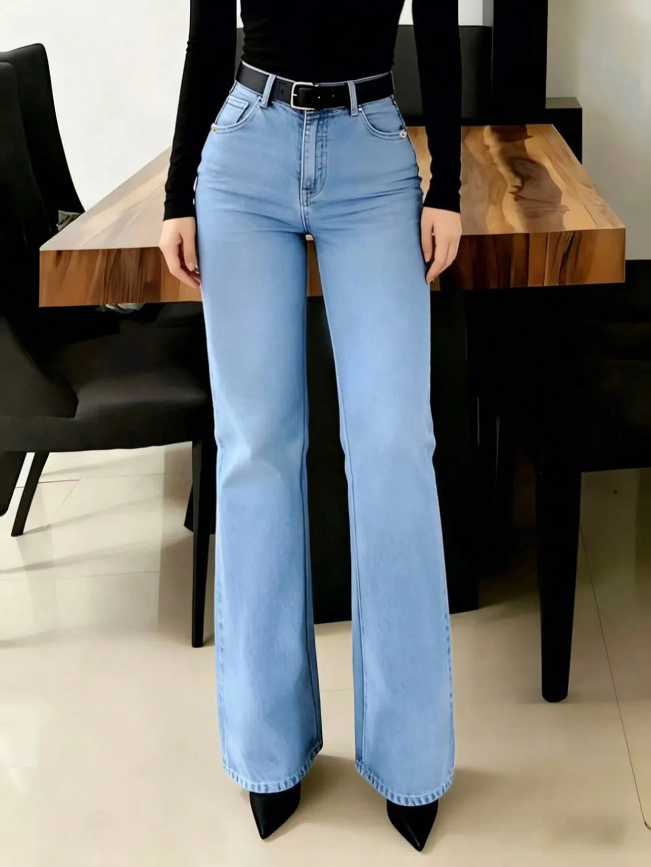 Solid Color Full Length Jeans for Office in Denim Cotton Fabric with Washed Craft and Micro-Elastic Stretch