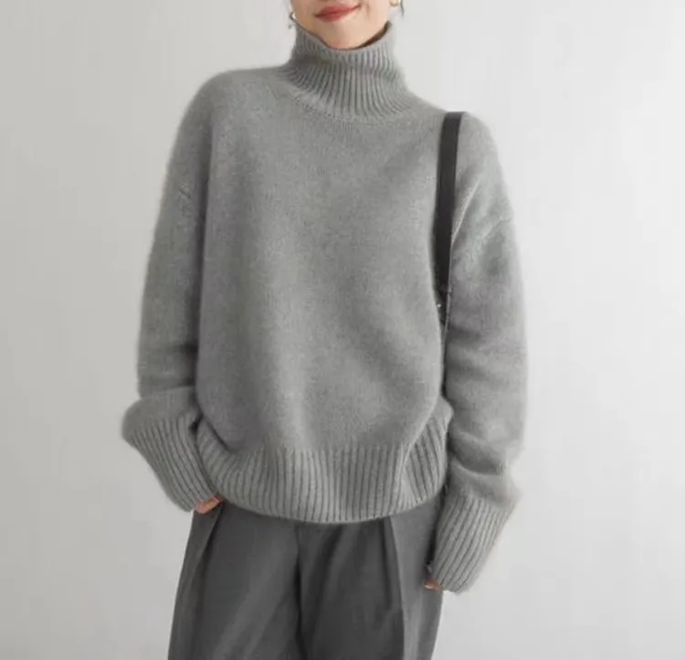 Loose Turtleneck Long Sleeve Solid Color Acrylic Sweater for Women