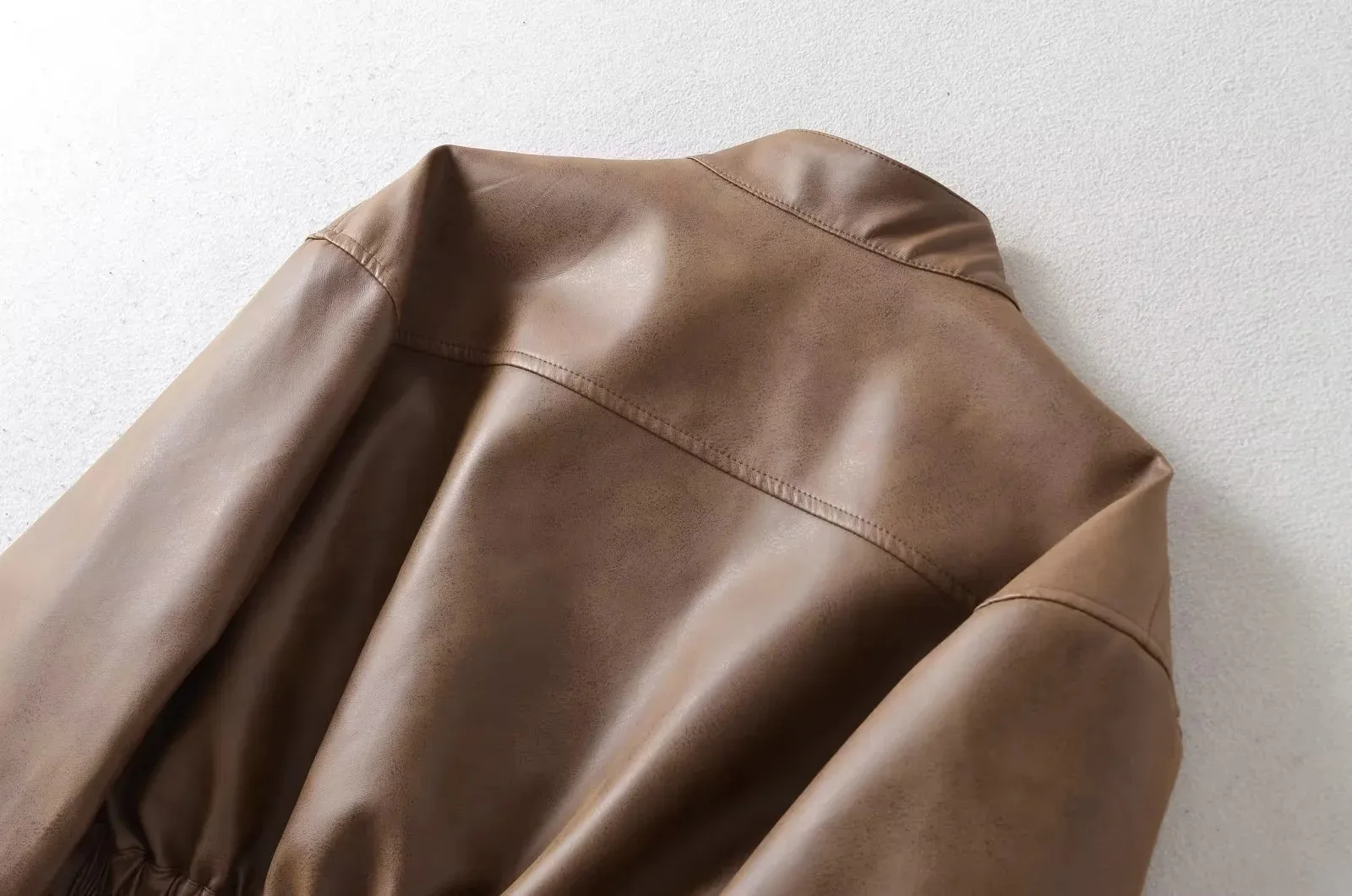 Streetwear Women's Leather Jacket with Zipper Placket and Standing Collar, Washed Polyester Fabric